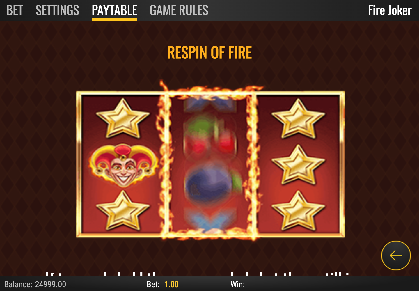 Fire Joker paytable illustrating the Respin of Fire