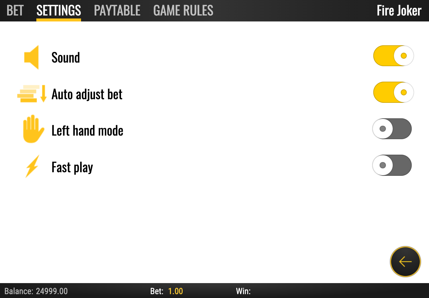 Fire Joker settings showing sound, auto-adjust bet and left-hand mode